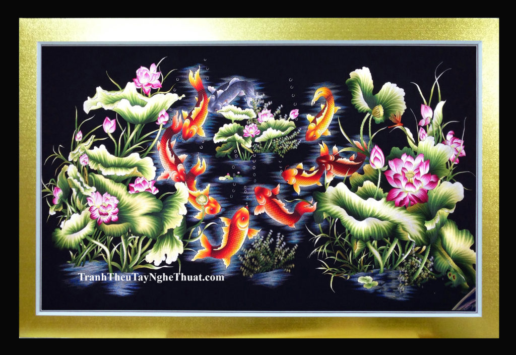 tranh thêu phong thuỷ cá chép hoa sen cửu ngư quần hội