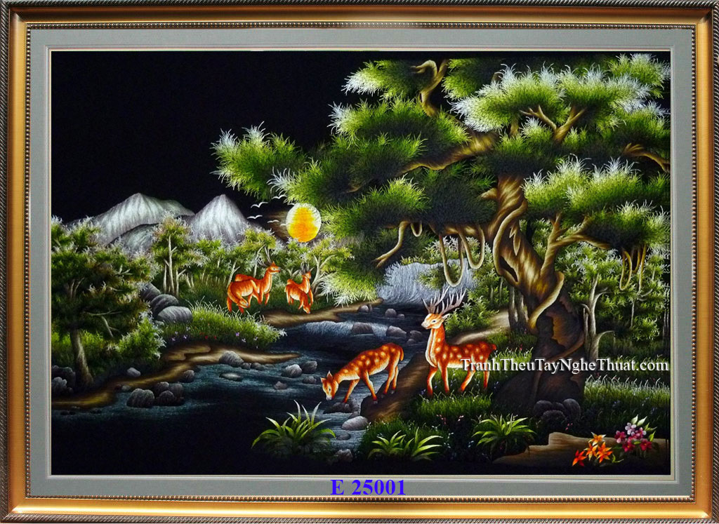 tranh thêu phong cảnh hươu nai