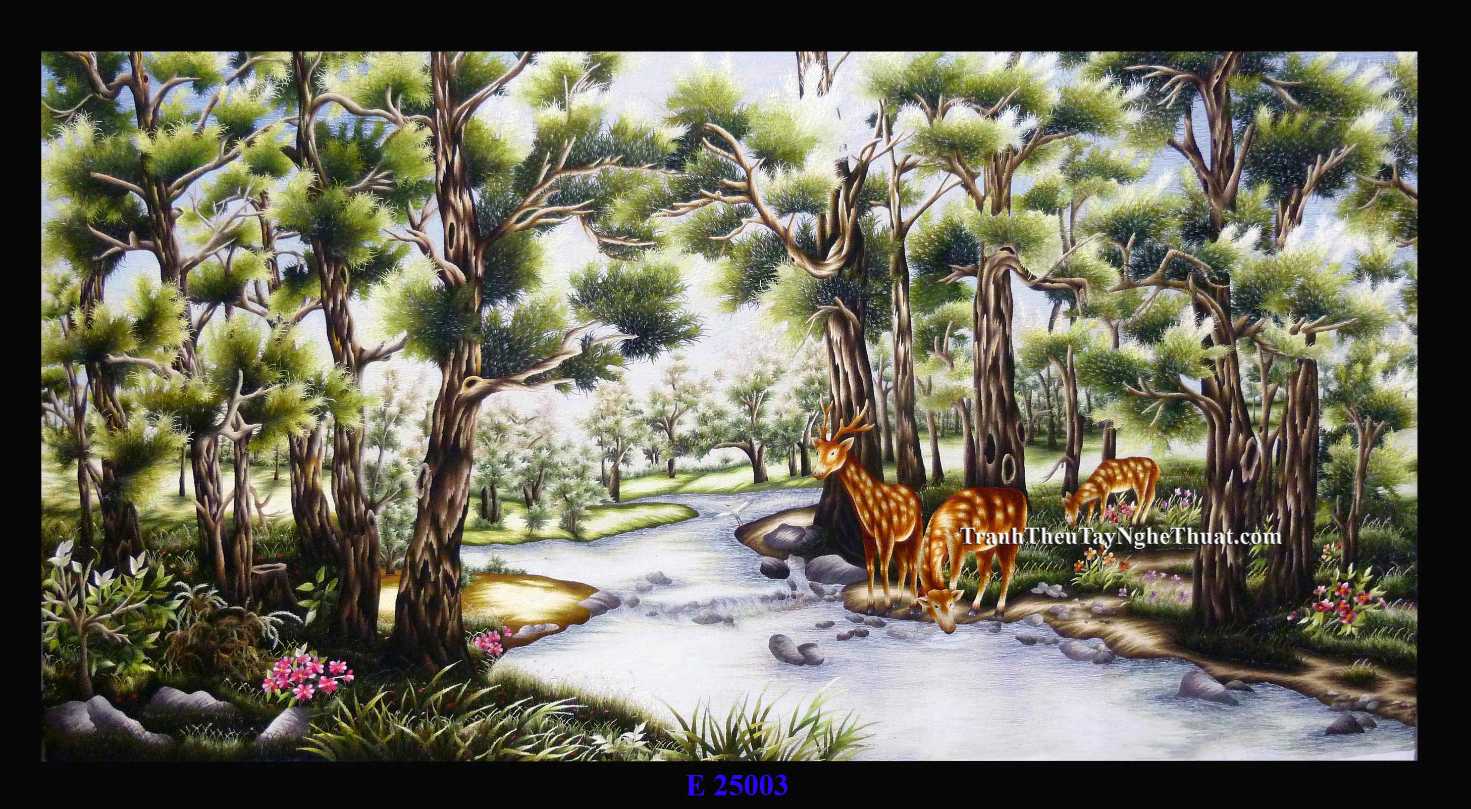 tranh thêu phong cảnh hươu nai