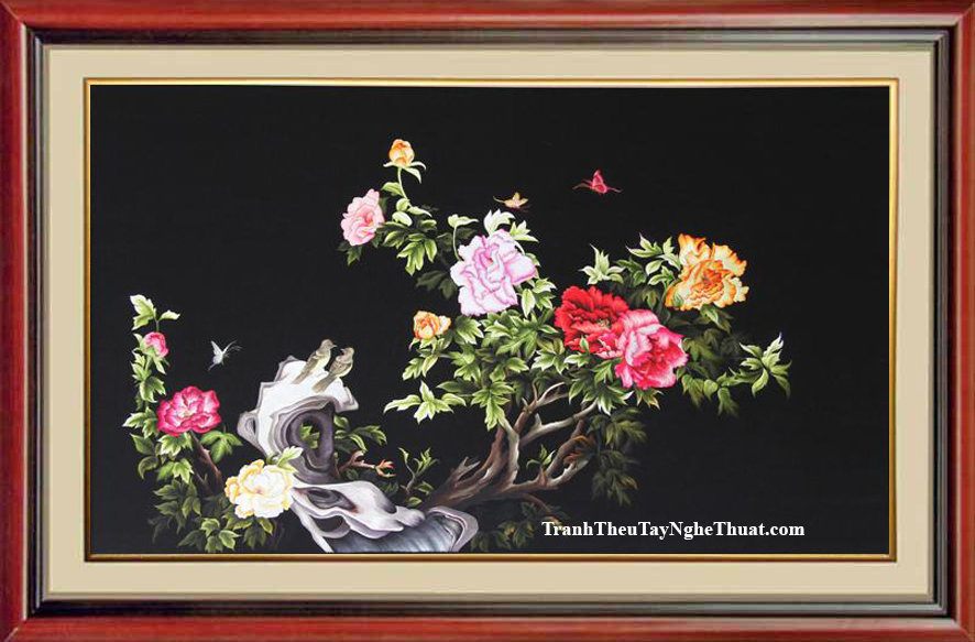 tranh thêu phong thuỷ hoa mẫu đơn