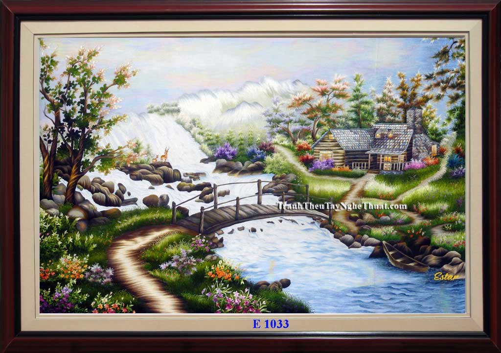 tranh thêu phong cảnh hươu nai