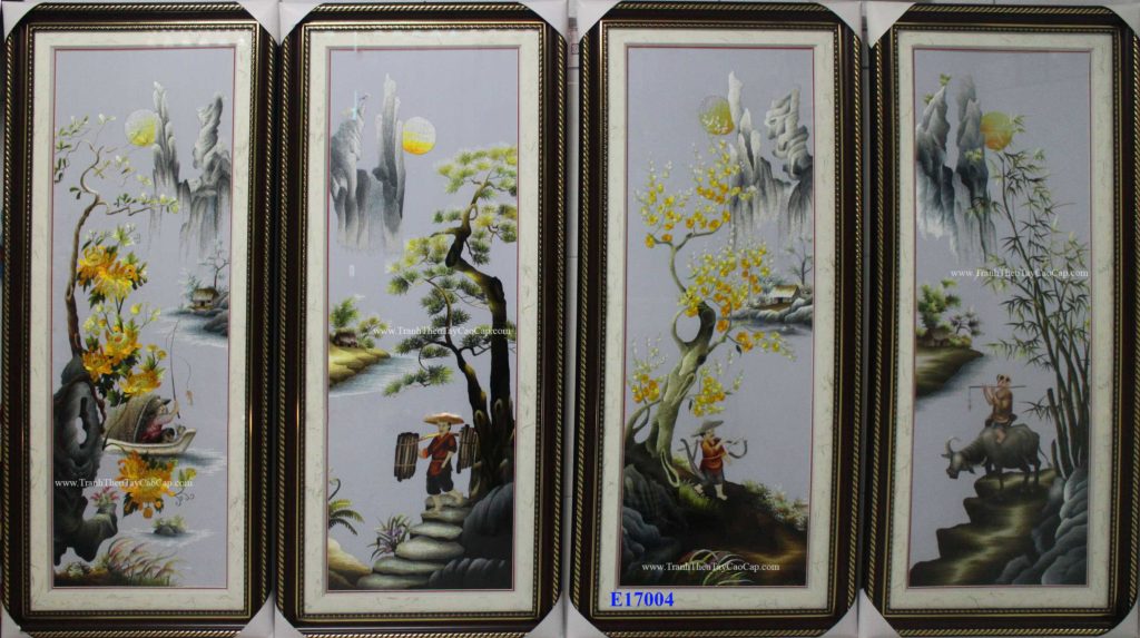 tranh thêu tứ quý tùng cúc trúc mai