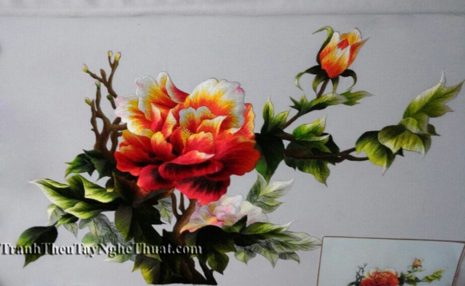 tranh thêu hoa mẫu đơn