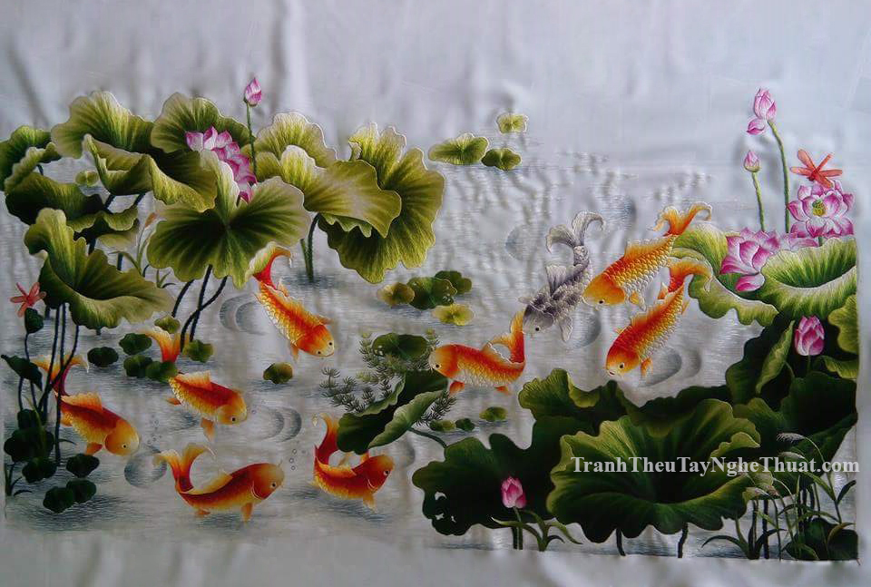 tranh thêu cá chép hoa sen