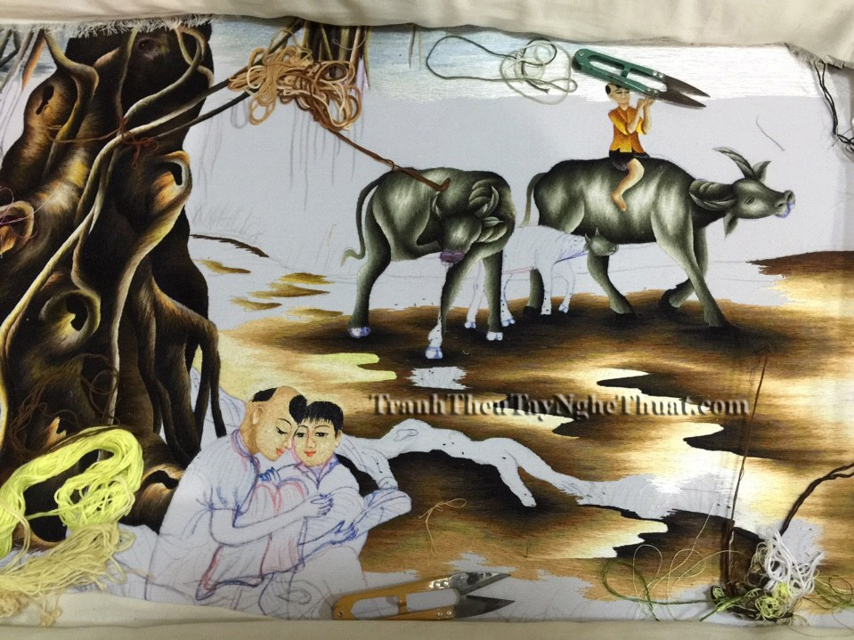 tranh thêu phong cảnh làng quê