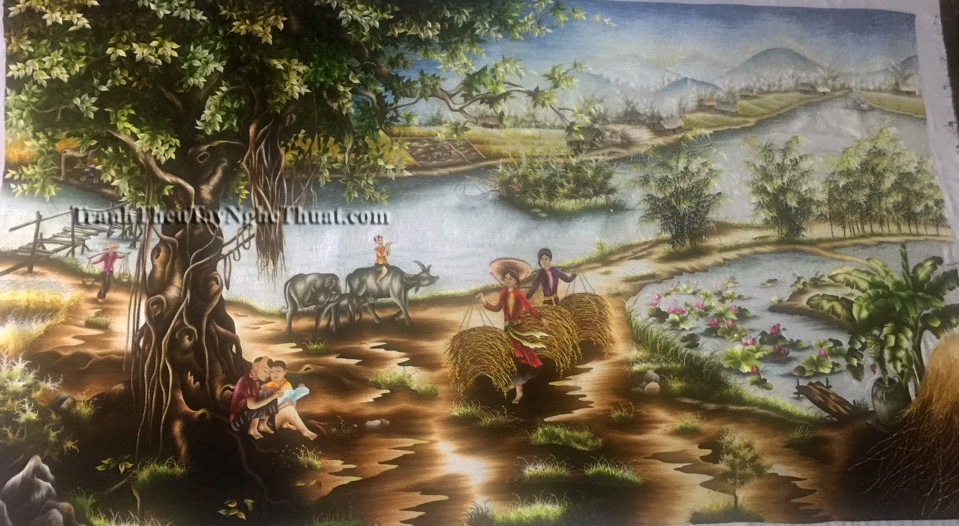 tranh thêu phong cảnh làng quê