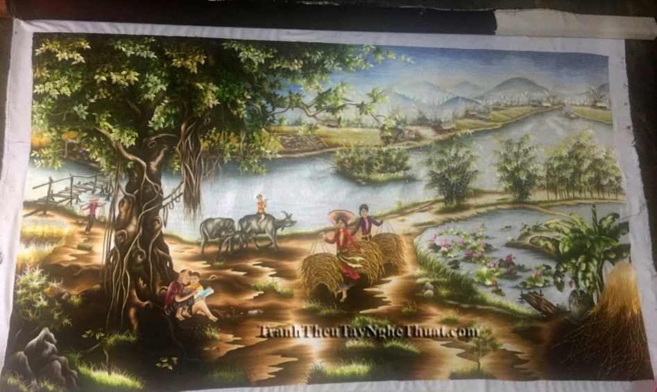 tranh thêu phong cảnh làng quê