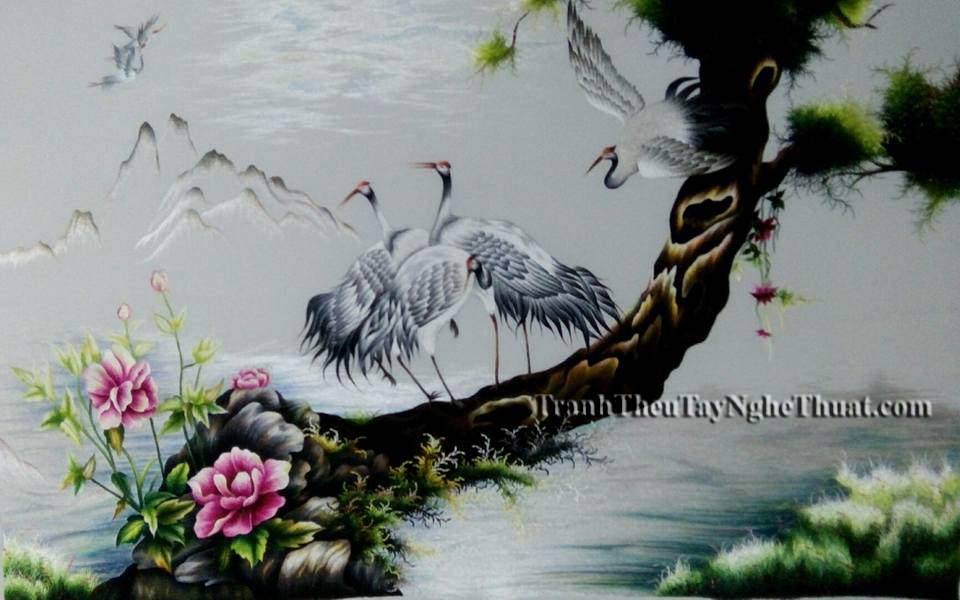 tranh thêu tùng hạc mẫu đơn