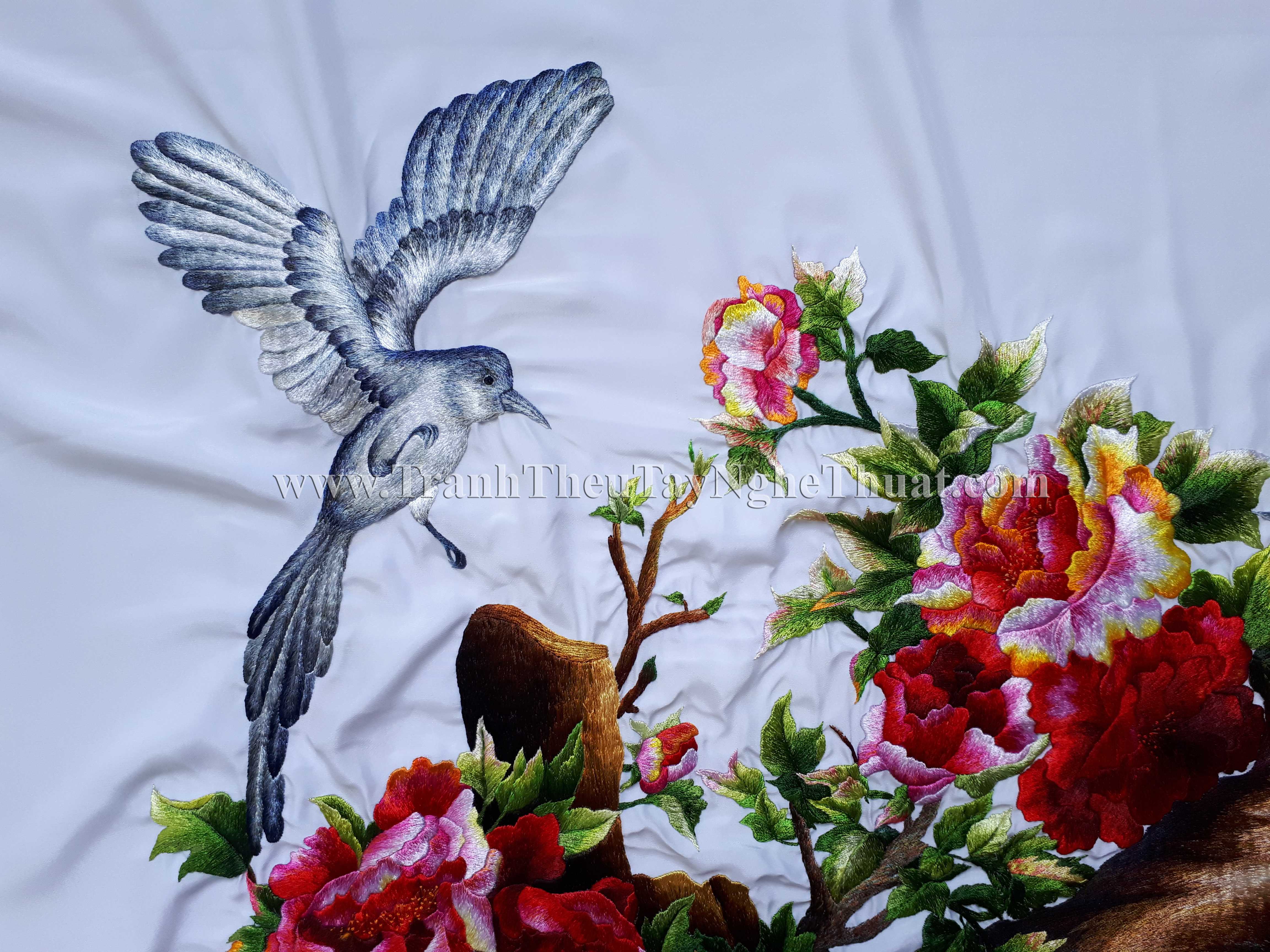 tranh thêu hoa mẫu đơn 9 bông