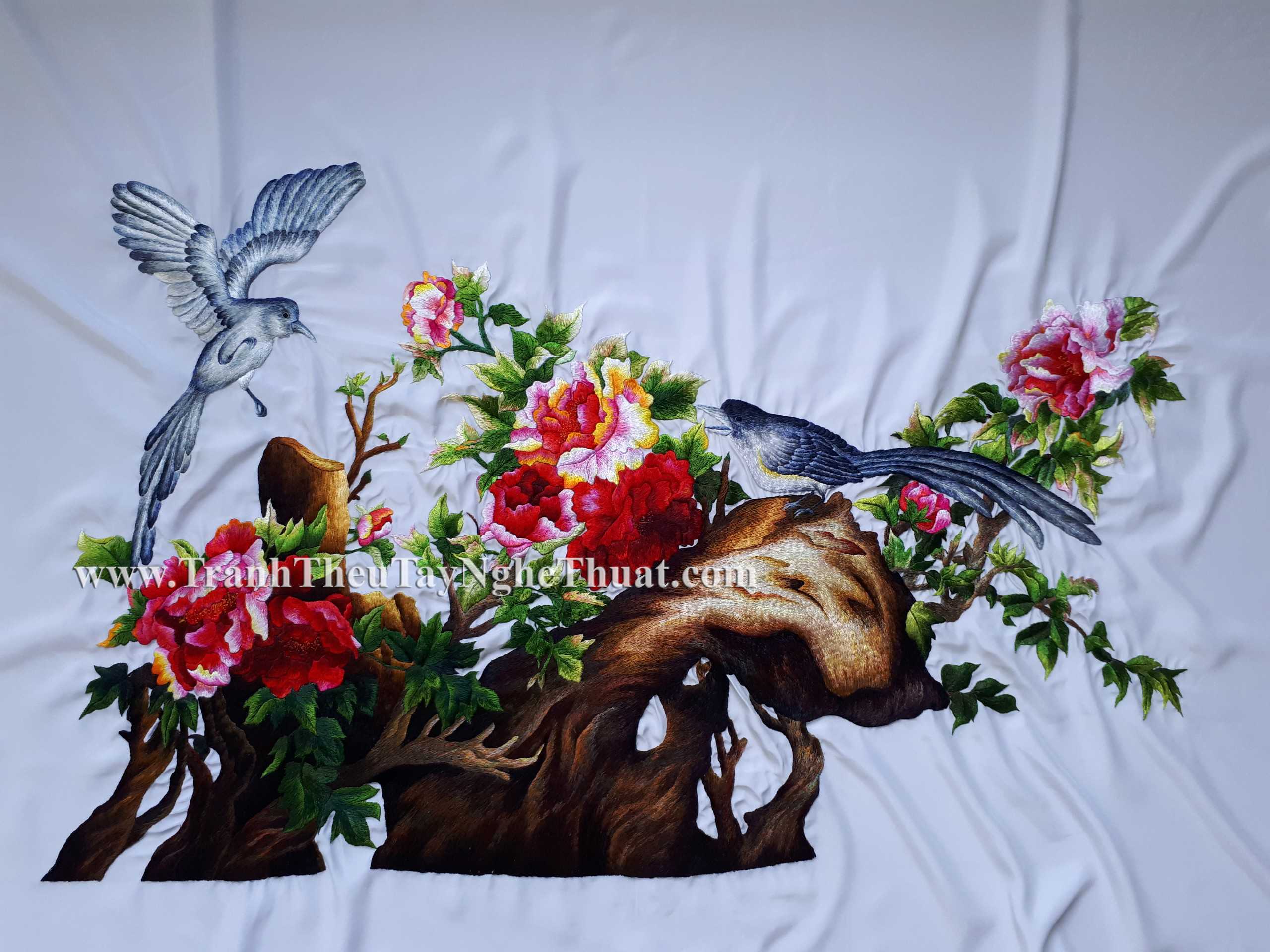 tranh thêu hoa mẫu đơn 9 bông