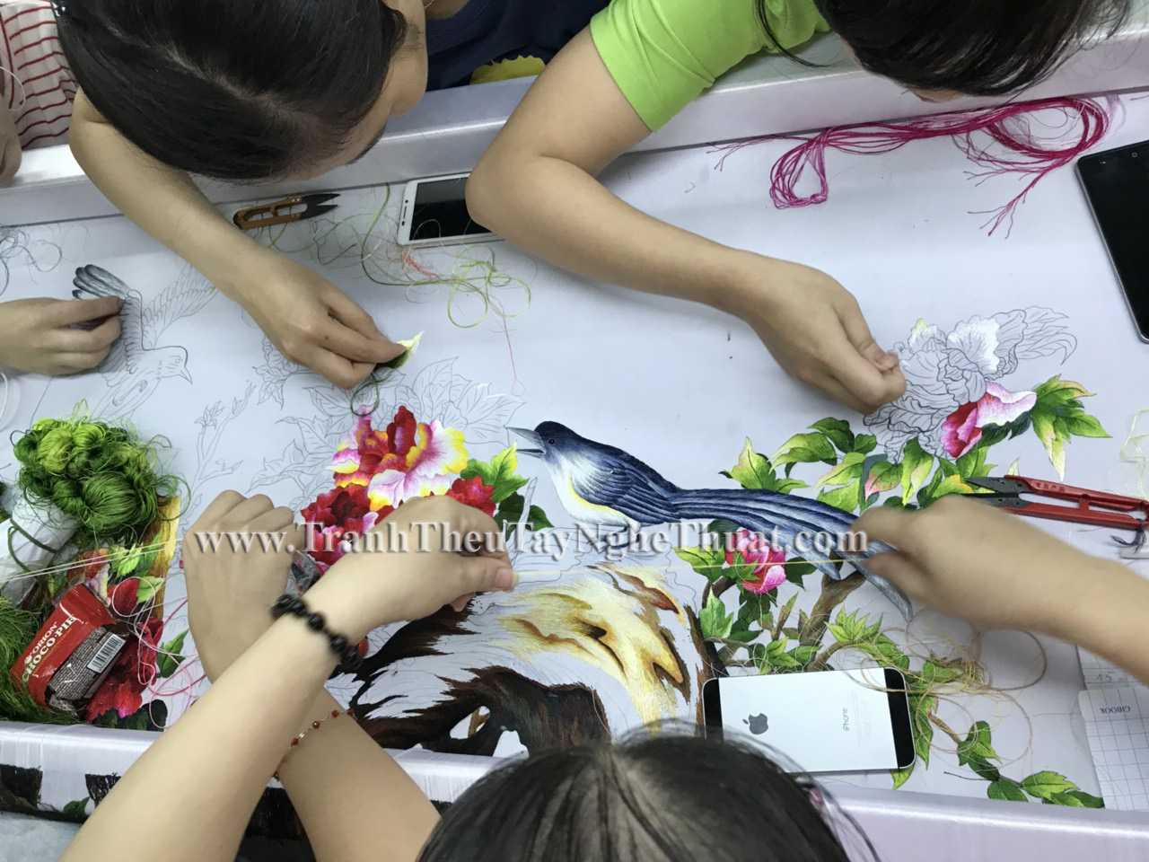 tranh thêu hoa mẫu đơn 9 bông