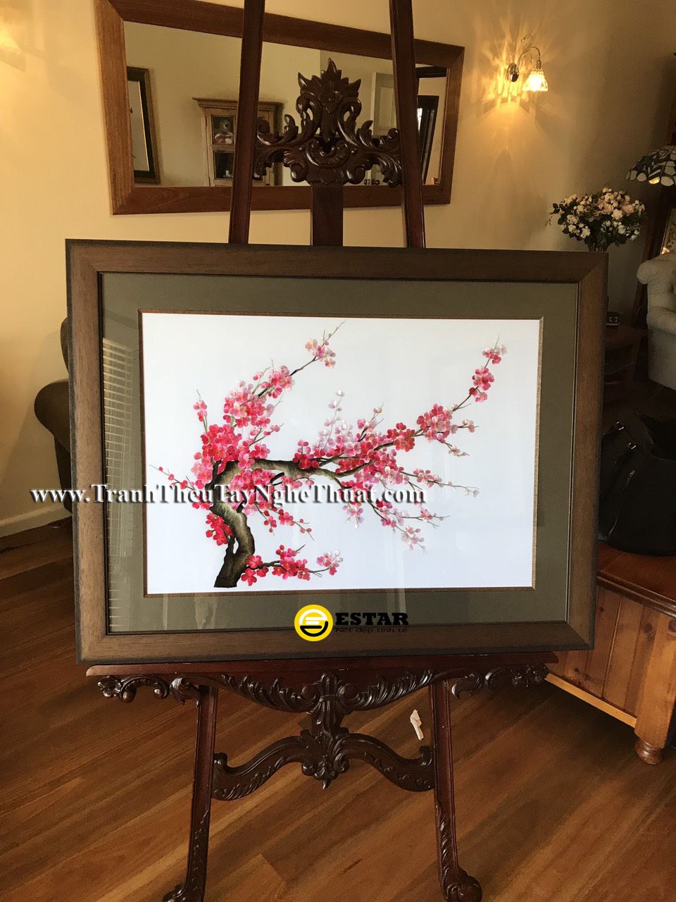 tranh thêu hoa đào
