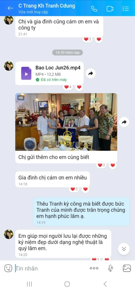 Phản hồi của khách hàng Hà Nội về tranh thêu chân dung ESTAR, trân trọng giá trị lưu giữ kỷ niệm đẹp bằng nghệ thuật.